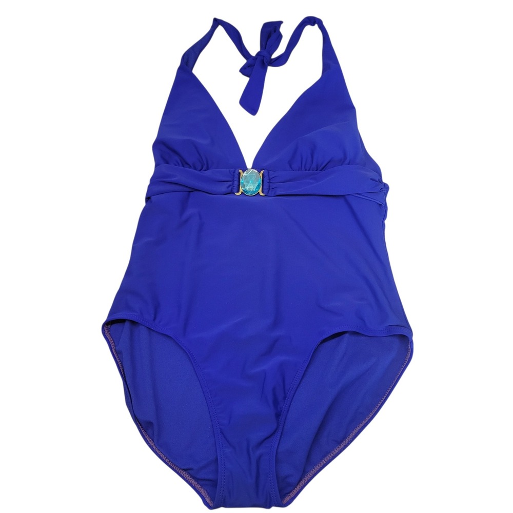 Catalina Royal Blue Halter One Piece Swimsuit Turquoise Gemstone Sz L 12-14 C666